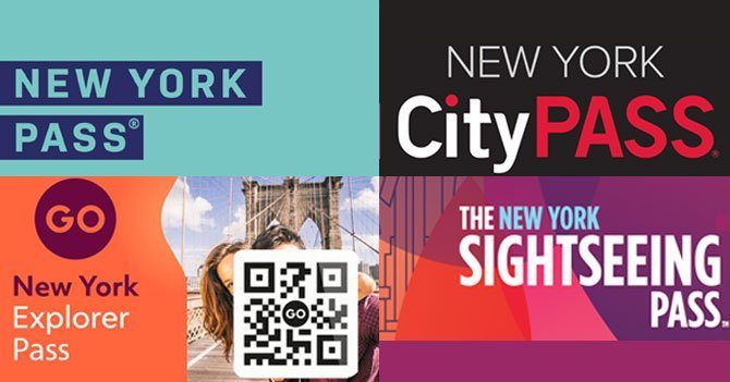 Logos des principaux pass touristiques de New York : New York Pass, CityPASS, Go City Explorer et Sightseeing Pass